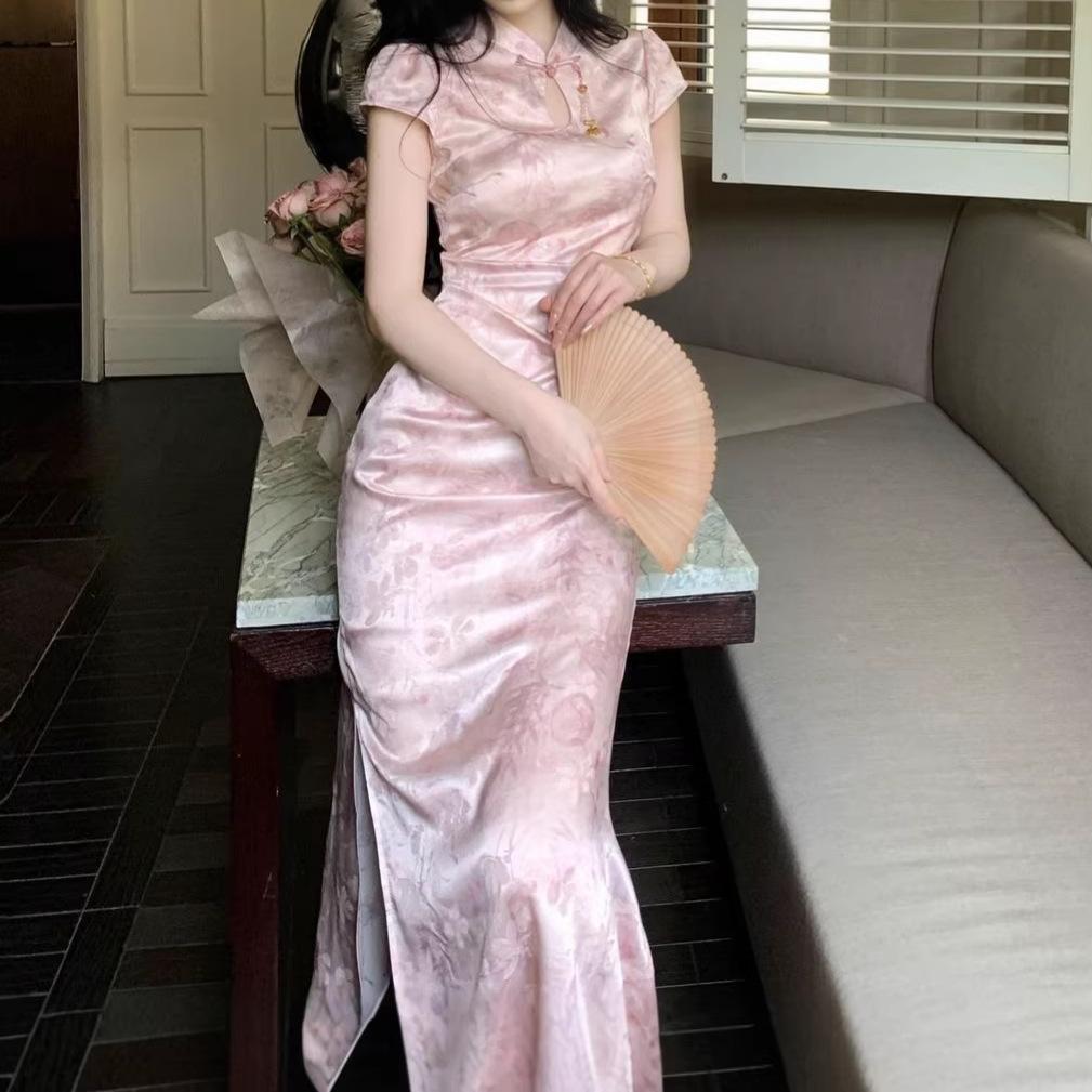 New Chinese style long dress in early summer waist and thin high-end stand-up collar jacquard satin improved cheongsam dress women