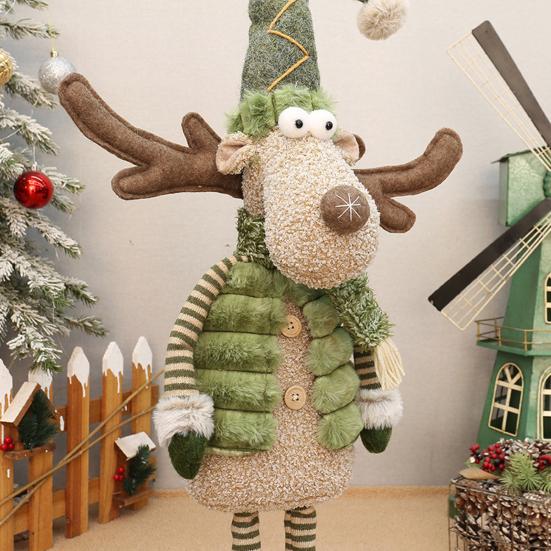 Christmas Reindeer Plush Toy with Retractable Legs Handmade Long-Legged Cartoon Elk Plush Doll Xmas Holiday Party Decoration Ornament