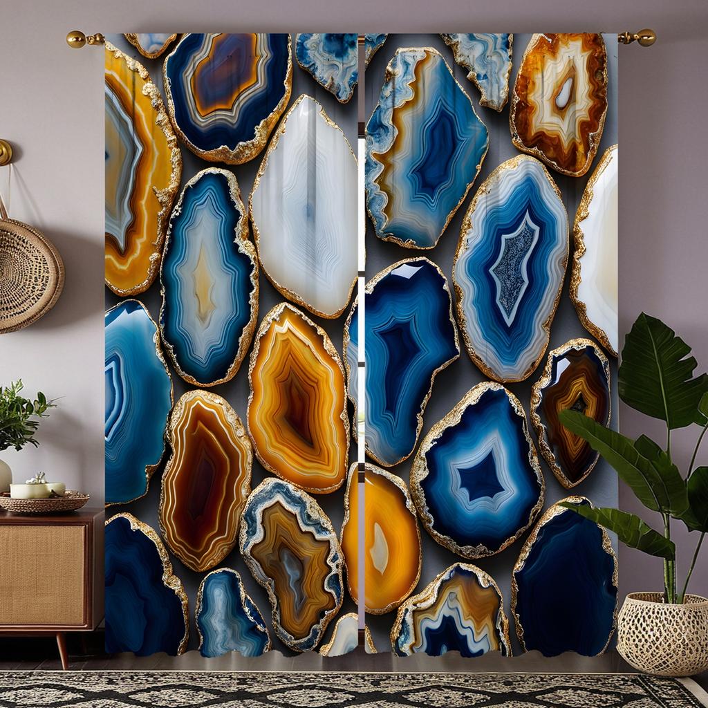 2pcs HD Decorative Curtain Nordic Light Luxury Agate Texture Pattern Blue Digital Printed Curtain Home Decoration Style Decor
