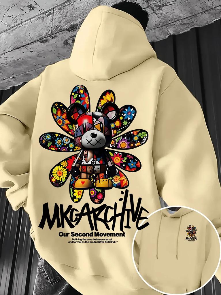 Lässiger Kapuzenpullover – Bunter Bären-Graffiti-Print mit Blumenmuster Pullover Warmes Street-Style Oberteil für Herbst/Winter