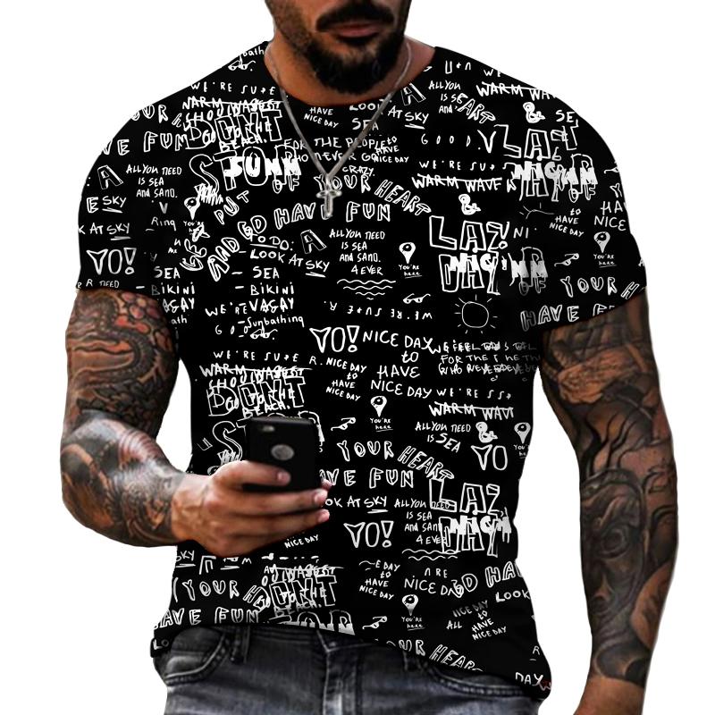 Men's Urban Streetwear Graffiti T-Shirt, Black White Gold Letter Print O-Neck Short Sleeve Casual Daily Tops