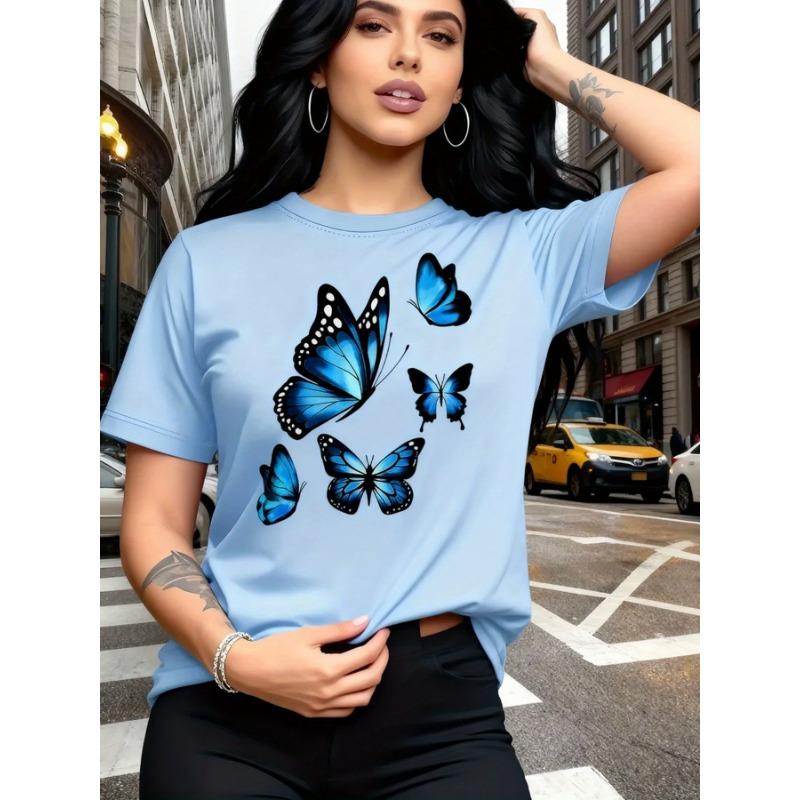 Fashionable butterfly printed T-shirt - short sleeved round neck, comfortable, breathable and soft, perfect choice for spring and summer