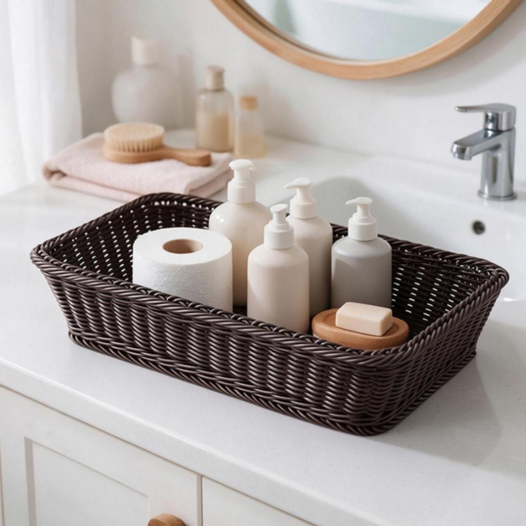 Rectangular Rattan Storage Basket Lightweight for Kitchen Counter, Pantry