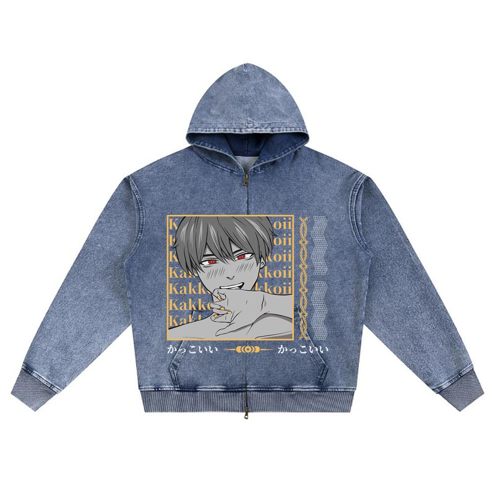 DTG print Knitted Denim Zip-Up Hoodie anime streetwear 37 Brother Print Zipper Hoodies  