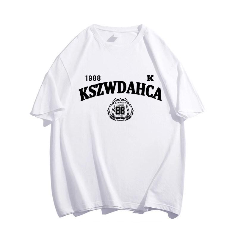 

Retro American Guochao Unisex Plus Size Cotton T-Shirt - Loose Fit, Short Sleeve 2XL (131-155 jin) білий