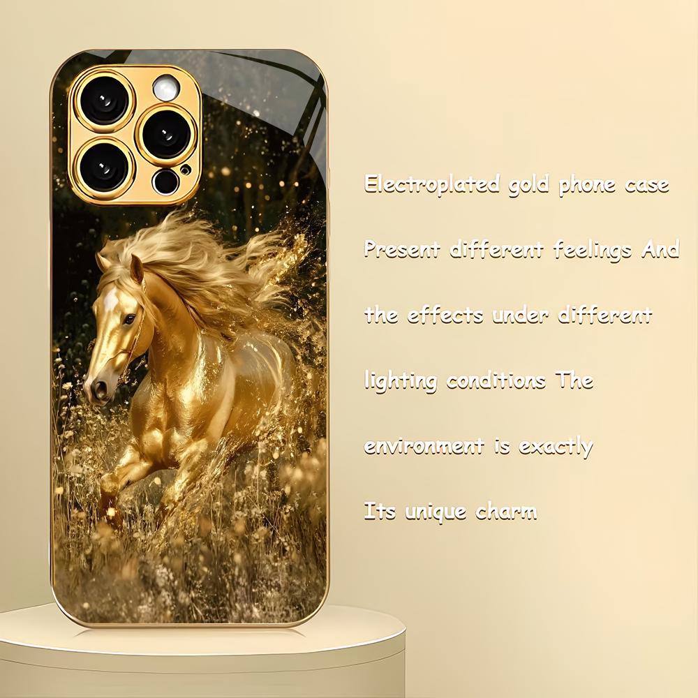 Horse Pattern Electroplated Gold Glass Phone Case Suitable for iPhone 17 16 15 14 13 12 11 Pro/Max/Plus Shockproof Back Cover