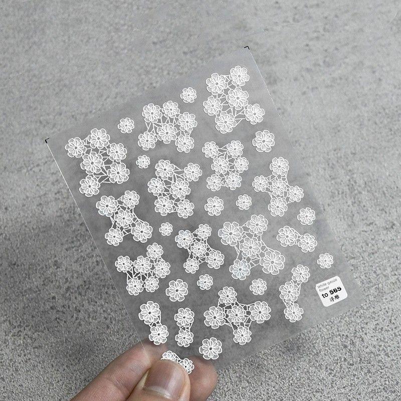 

White Net Yarn Flowers Nail Sticker Relief Tomoni Adhesive 5D Nail Sticker Cute Japanese Style Nail Ornament White Veil Flower 565((Relief))