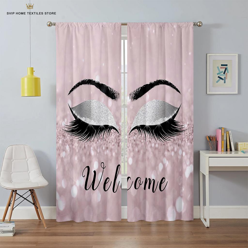 Thin Eyelash Eyes Shading Curtain for Living Room, Bedroom, Children, Windows, Bathroom Decor, Pink, Blue, Yellow, 2Pieces