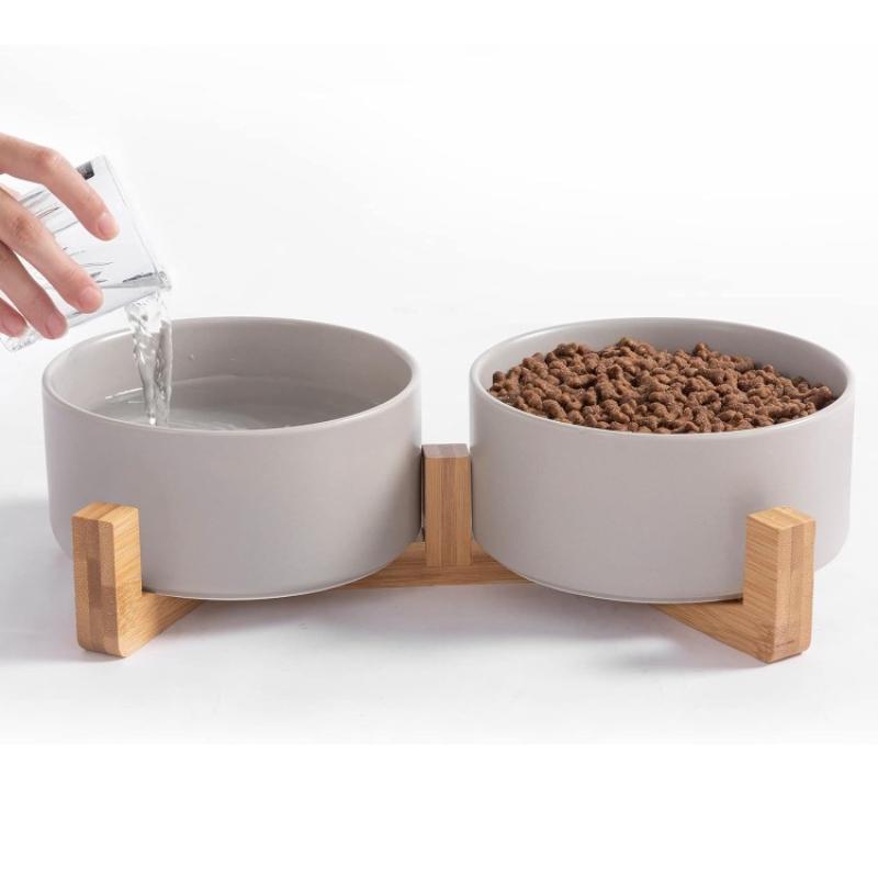 

Керамические миски для кошек, набор мисок для еды и воды для щенков, миска с деревянной подставкой, непроливающаяся керамическая двойная миска для маленьких собак и кошек 5.11in серый