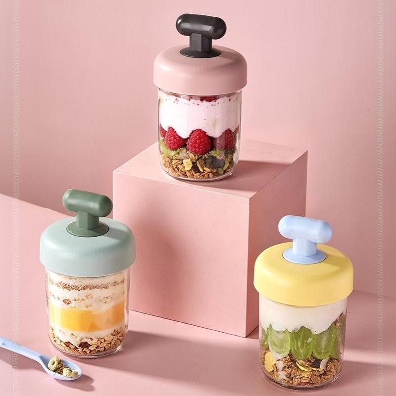 High Value Transparent Glass Oat Cup With Lid And Spoon Good Sealing With Scale Multicolor Optional Breakfast Cup