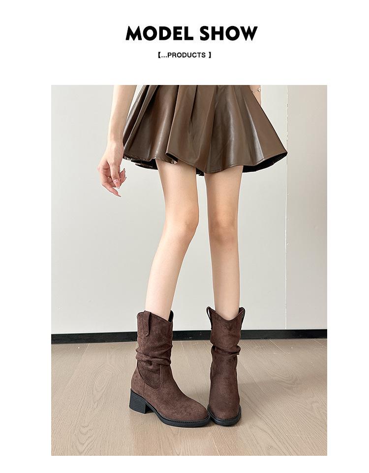 859-1 Retro Ruched Stacked Boots: 2025 Autumn/Winter Square Toe Chunky Heel Fashion Ankle Boots with Inner Height Increase.