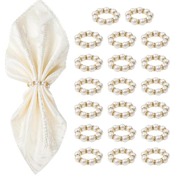 Gold Napkin Rings 20Pcs, Imitation Pearl Napkin Rings Napkin Holder, Elegant Rhinestone Gold Beaded Serviette Buckles for Weddings, Party Supplies & 20Pcs