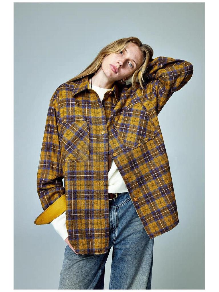 Hurry! Retro Plaid Double Pocket Yarn-Dyed Cotton Turn-Down Collar Shirt for Women - Perfect for Autumn