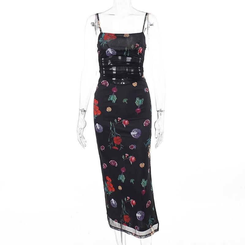 2025 Summer Floral Sling Maxi Dress: Women's Patchwork Mesh, Waist-Cinching, Hip-Hugging Beach Vacation Skirt