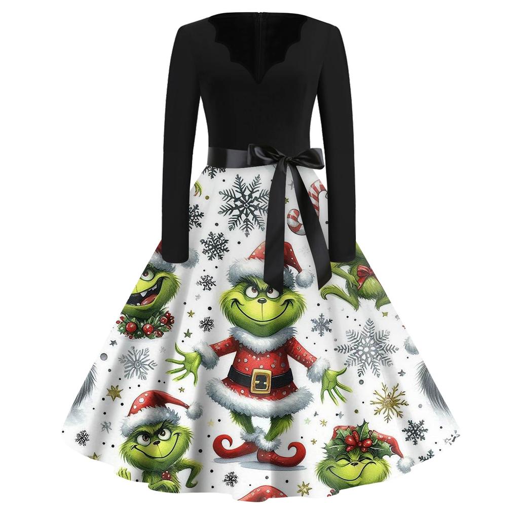 Women's Fashion V-neck Casual Slim-fit Christmas Print Long-sleeved Dress