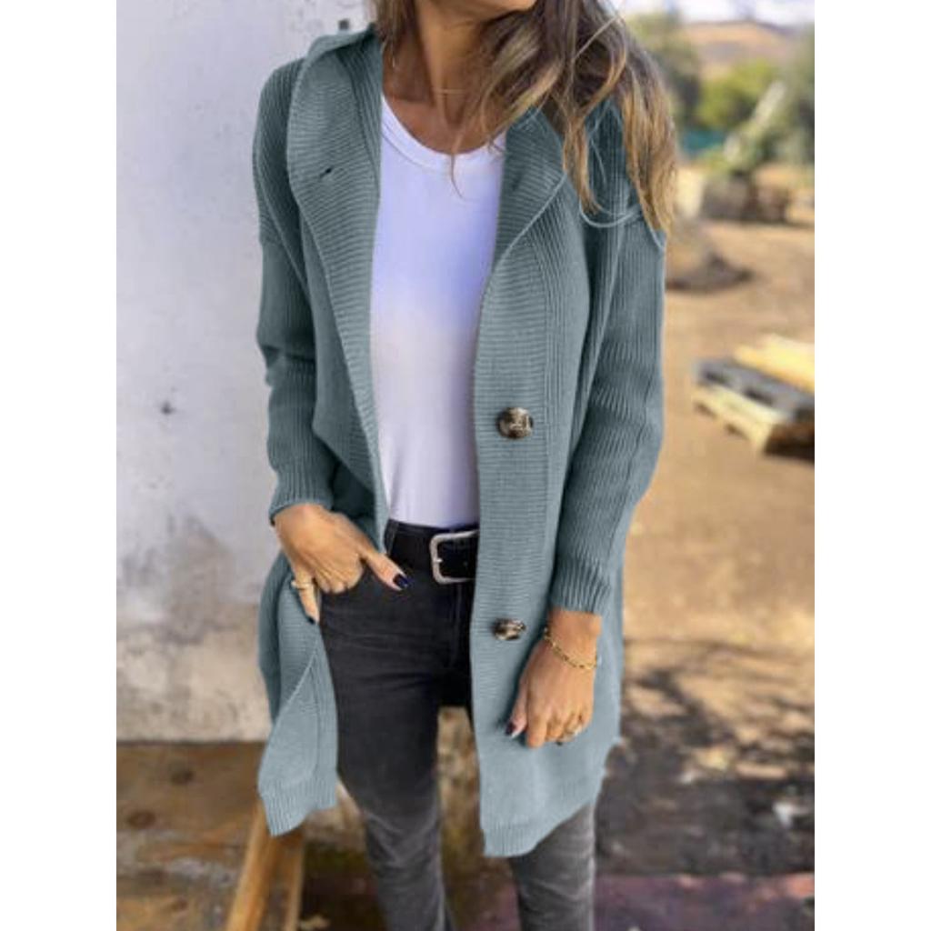 Cardigans - Women's Fall Winter Long Hooded Cardigan Sweater, Button Down Knit Outerwear Coat With Pockets, Fashion Casual Outerwear Women