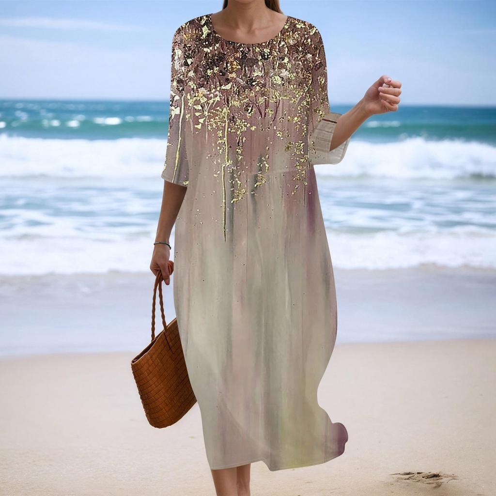Women's Fashionable Printed Round Neck Seven Quarter Sleeve Loose Dress