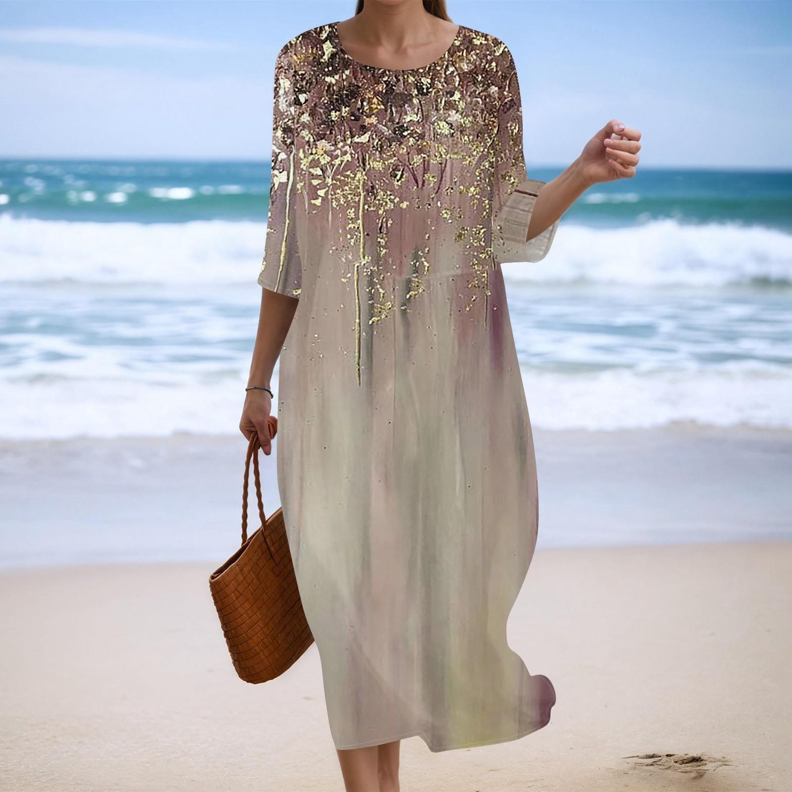 

Women s Fashionable Printed Round Neck Seven Quarter Sleeve Loose Dress M