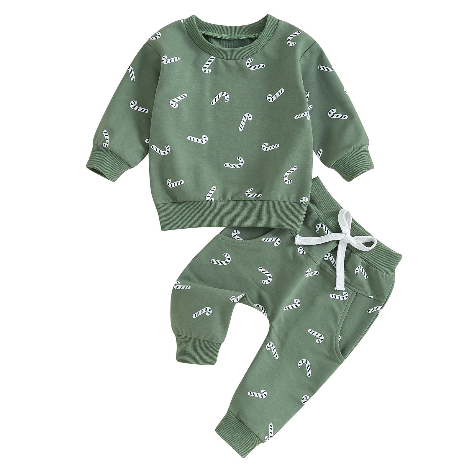 

Рождественский комплект одежды для маленьких мальчиков и девочек, толстовка с принтом леденцов + штаны, костюм из 2 предметов, детская повседневная одежда 12-18 Months