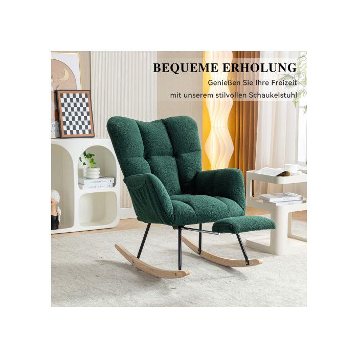 Nouveau fauteuil à bascule moderne avec rembourrage et tissu peluche, avec repose-pieds extensible, vert
