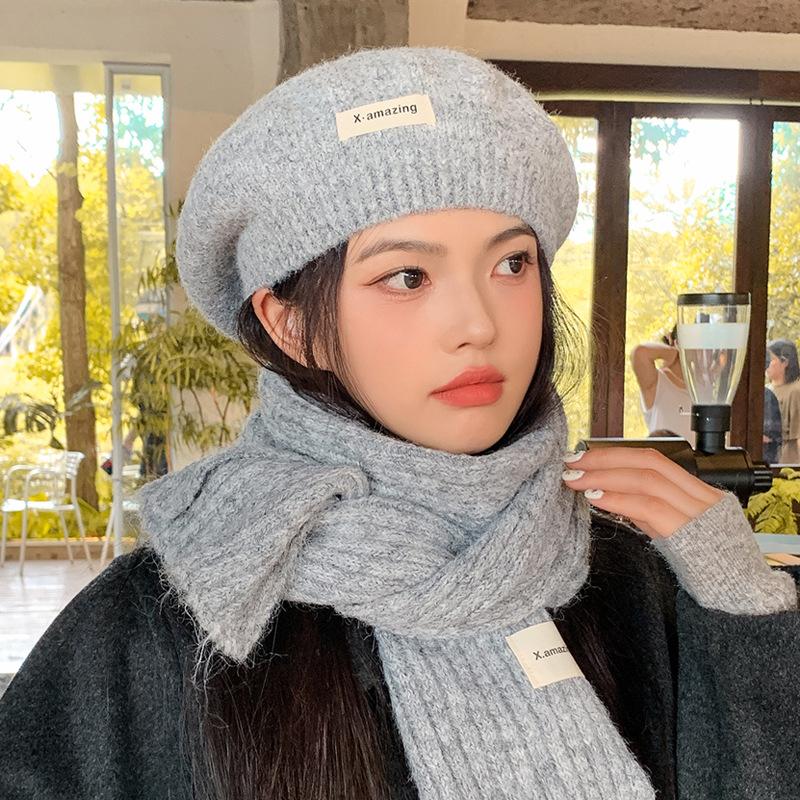 

Высококачественный комплект из шапки и шарфа, зимний теплый с защитой ушей, вязаный шерстяной берет, модная шляпа художника