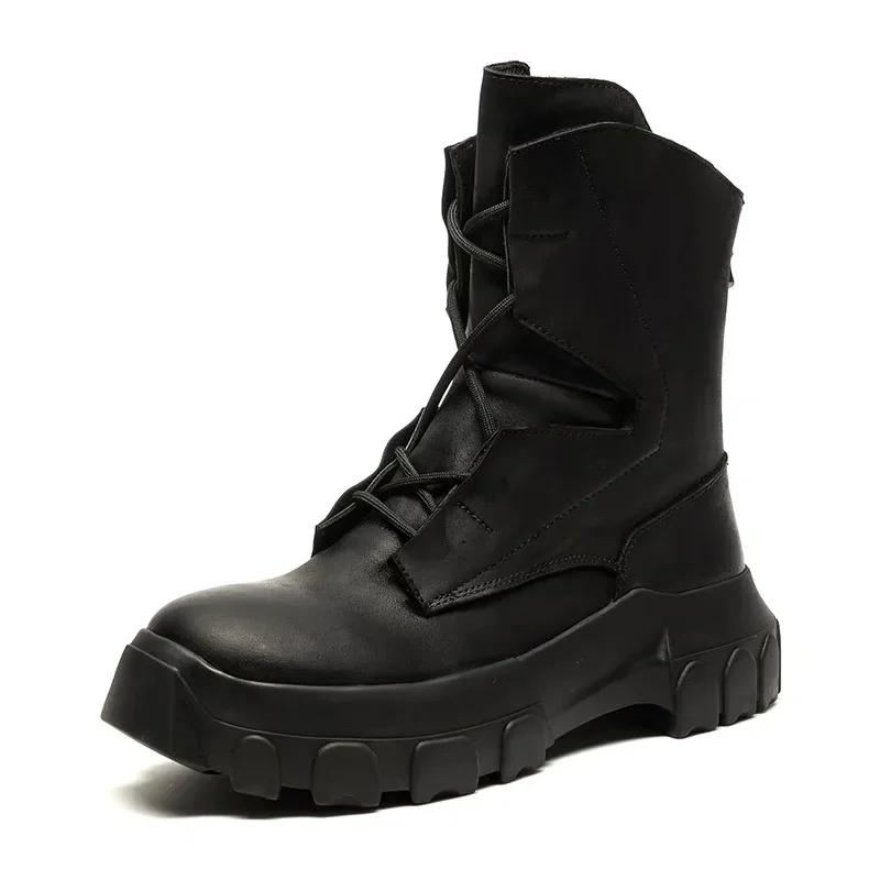 2025 Herren High Top Schuhe Plattform Klobige Sohle Sneaker Leder Schnürung Gothic Absätze Luxuriös Trendig Designer Schwarz Stiefel