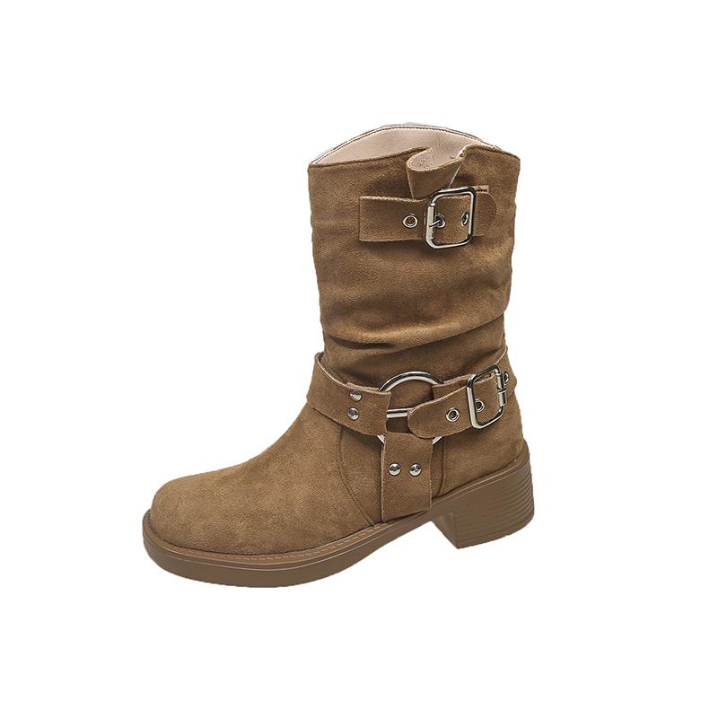 Fashion Vintage Thick Heel Women Western Cowboy Boots Autumn Winter Ladies Shoes Belt Buckle Elegant Mid Calf Booties
