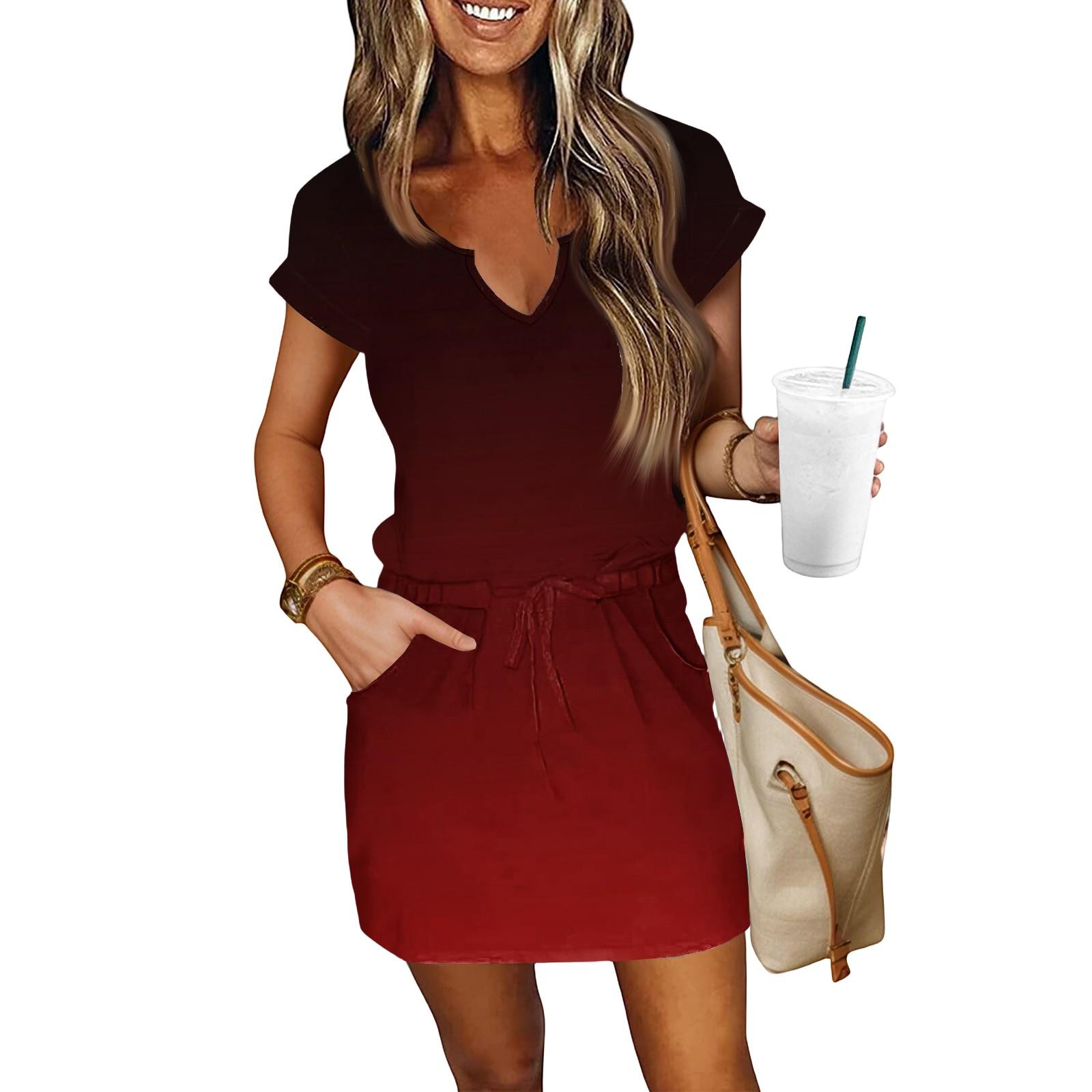 

Женские летние платья с V-образным вырезом, короткими рукавами, кулиской, карманами, градиентные, повседневные XL красный
