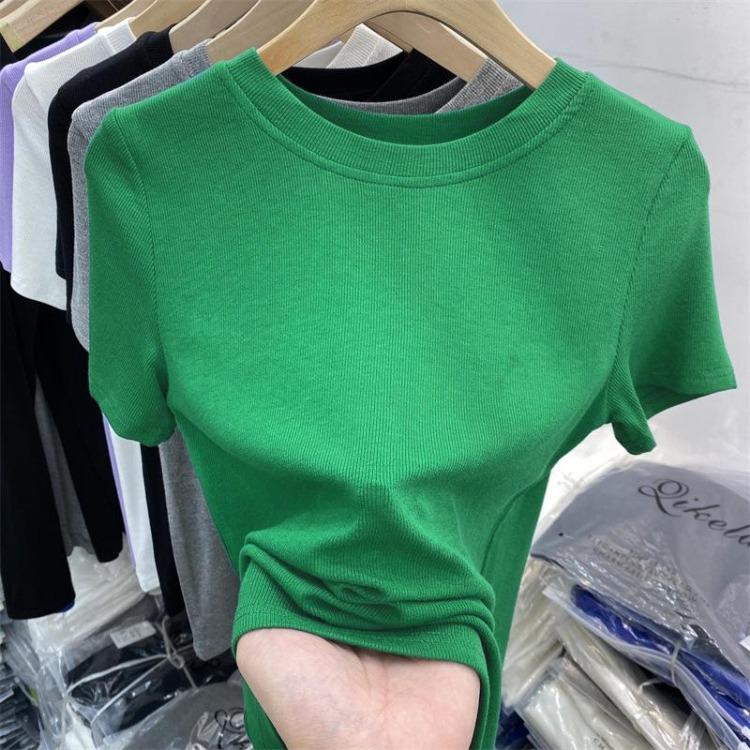 2025 Summer Women Slim Fit Short Sleeve Round Neck T-Shirt Versatile Solid Color Top
