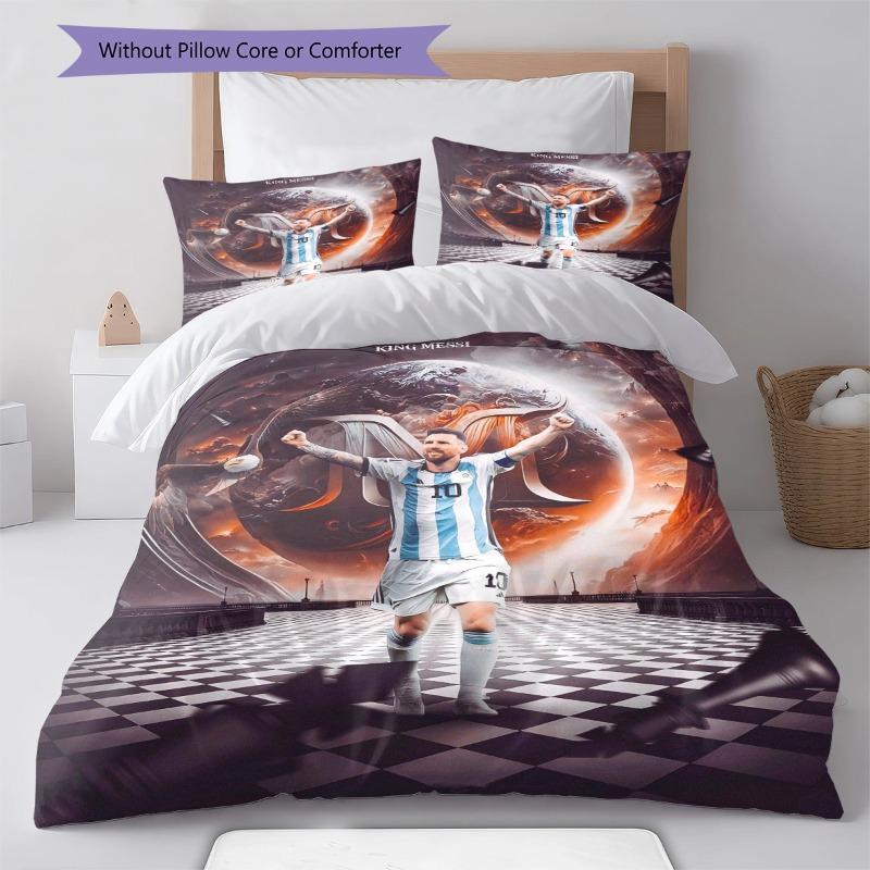Messi Stella del Calcio Argentino Stampa Artistica Cosmica Set Copripiumino 3 Pezzi Set Biancheria da Letto Sportiva Calcio Camera da Letto Decorazione Casa Senza Imbottitura Cuscino Piumino