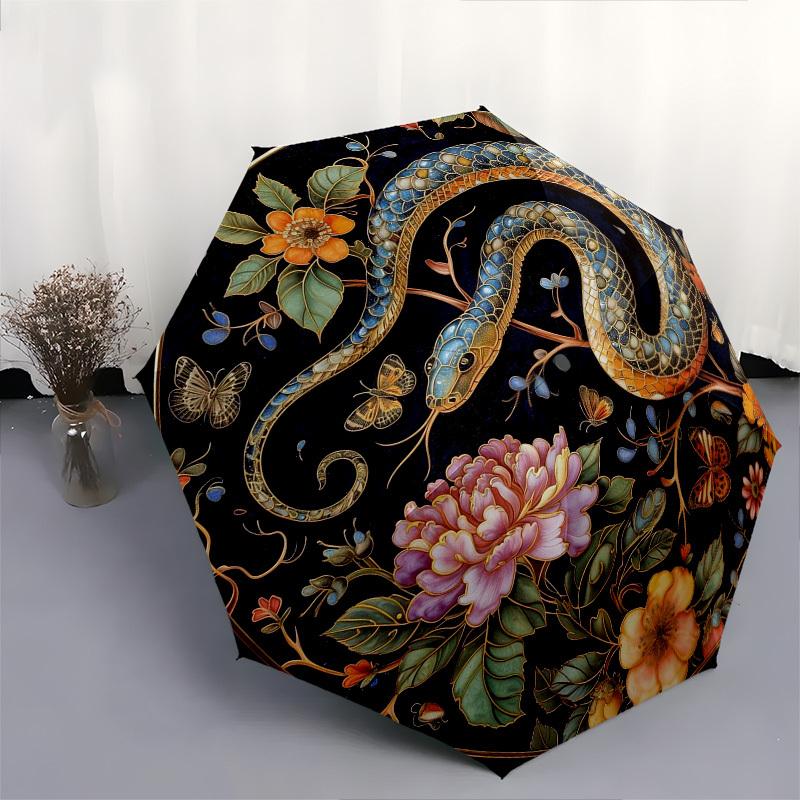 1pc Snake, Flowers, Butterflies Umbrella with Plastic Handle,Compact & Stylish,Suitable for All Seasons YS331026