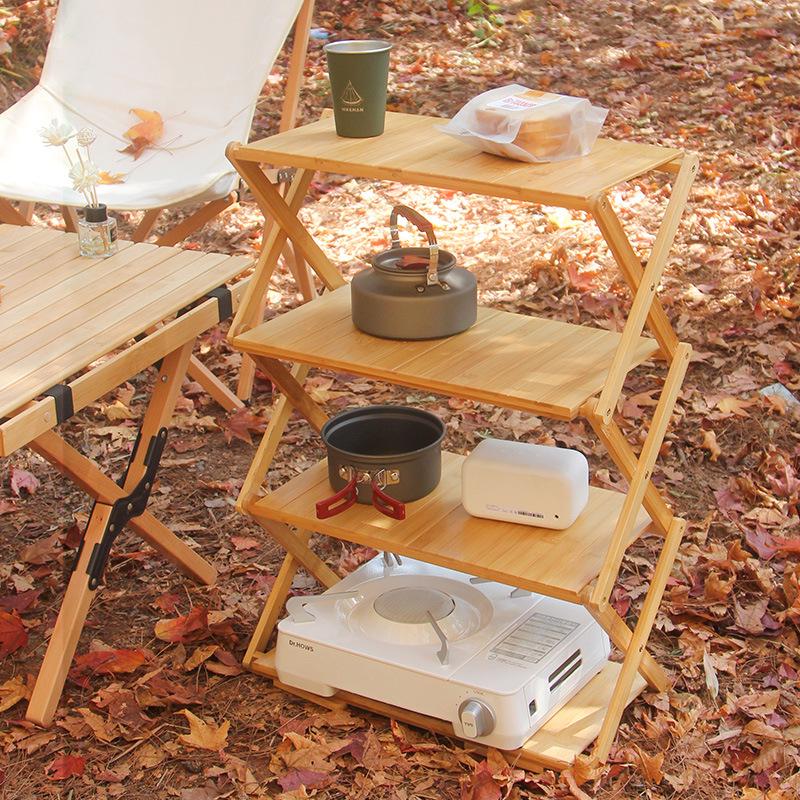 Multi-Layer Bamboo & Wood Folding Storage Rack for Outdoor Camping & Picnics