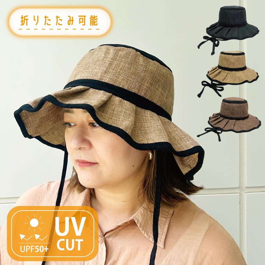 Basic Enchi Flutter Solid Hat Chin Strap Foldable Easy To Carry Sunshade Pleated Hat with Ribbon Linen Blend Natural Material Hat Antibacterial