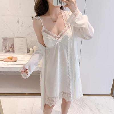 SEXY Accappatoio da Sposa Bianco Set Camicia da Notte Donna Indumenti da Notte Bordo in Pizzo Scollo a V Abito Corto Estivo Kimono Accappatoio Seta Raso Abbigliamento da Casa