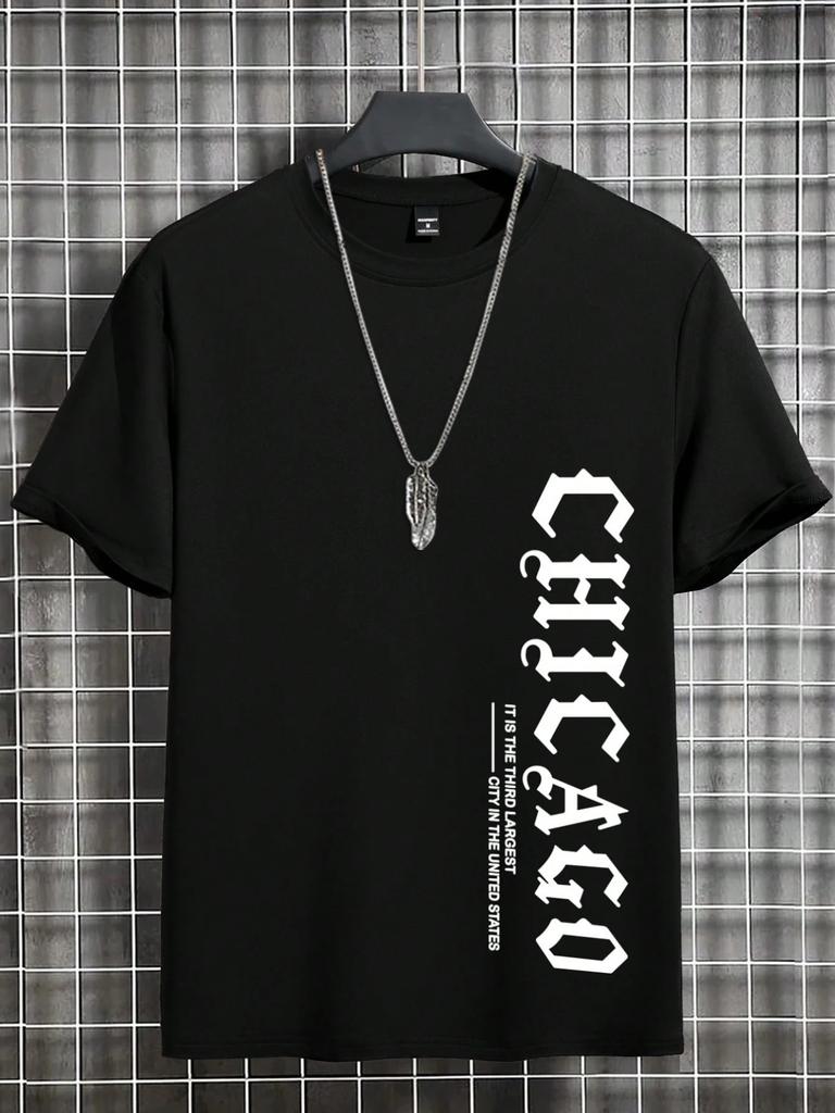 Summer Men's 100% Cotton Chicago Letter Printed Casual Loose Sports Comfortable Round Neck Short Sleeve T-shirt Top