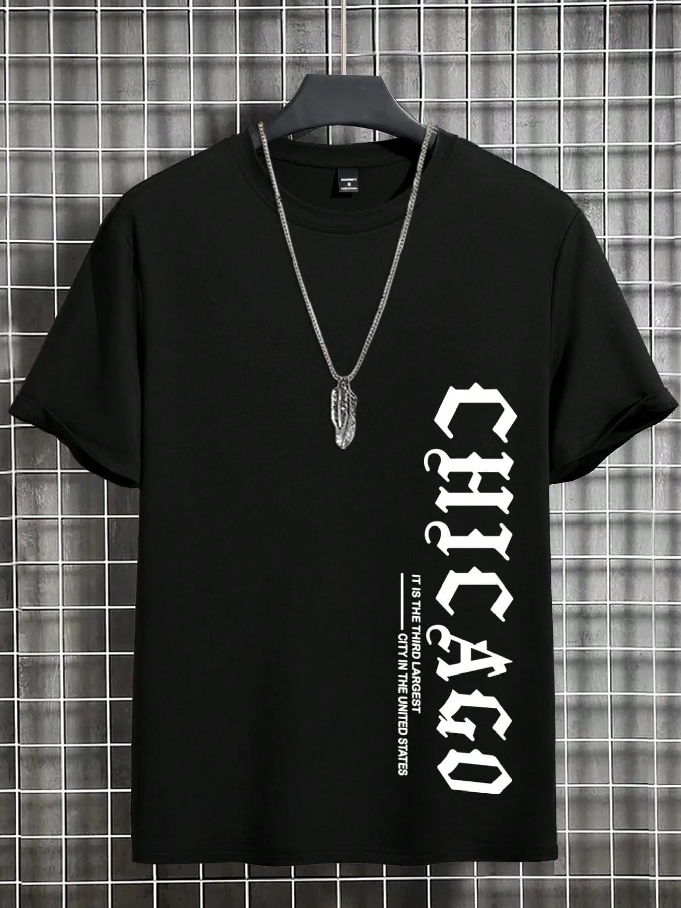 Summer Men s 100% Cotton Chicago Letter Printed Casual Loose Sports Comfortable Round Neck Short Sleeve T-shirt Top S разноцветный