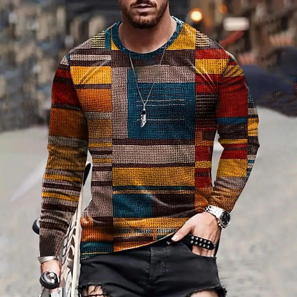 Herren Winter Langarm T-Shirt Vintage Plaid Print Muster Casual Street Tops Atmungsaktive Herren Schnelltrocknende Kleidung Tägliches Top