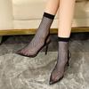 New sexy black thin heel pointed hollow mesh fishnet socks boots women's high heel cool boots