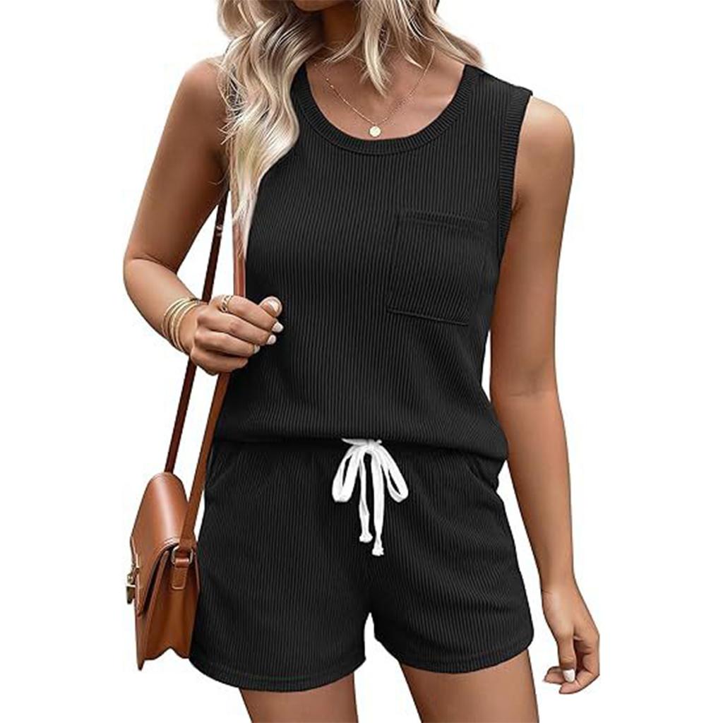 Women's Fashion Round Neck Pocket Tank Top Drawstring Shorts Casual Two Piece Set