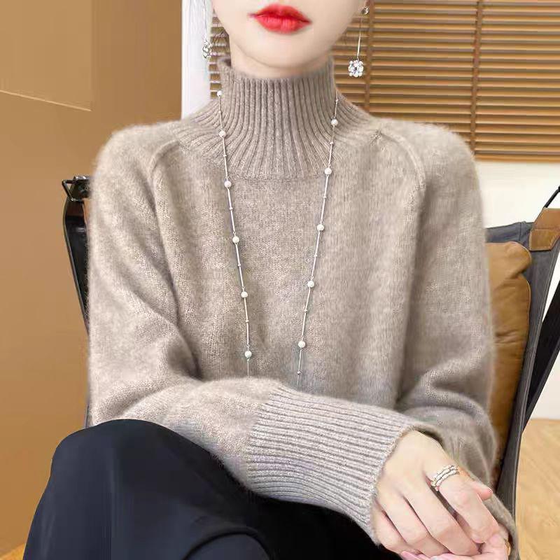 WTEMPO Autumn and Winter Semi High Neck Sweater Loose Knitted Top and Pullover Knit Sweater