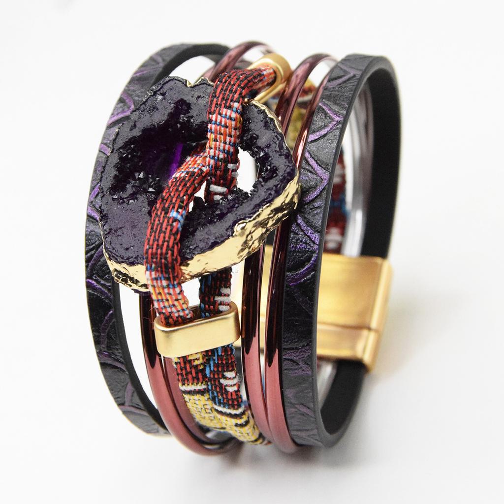 Multi Layer Geometric Hollow Bangle PU Leather Ethnic Style Woman Versatile Bangle Jewelry Accessory