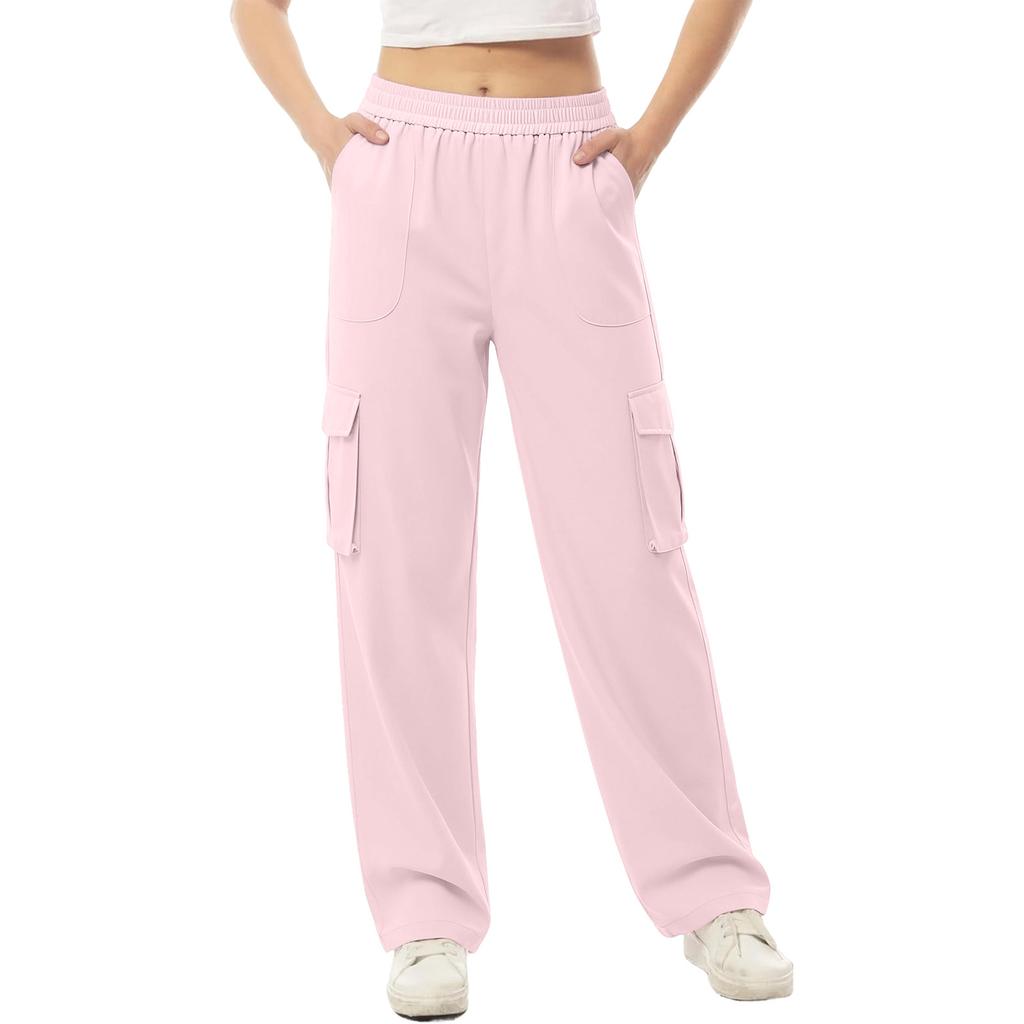Women's Color Elastic Waist Cargo Pants with Pockets Casual Work Trousers