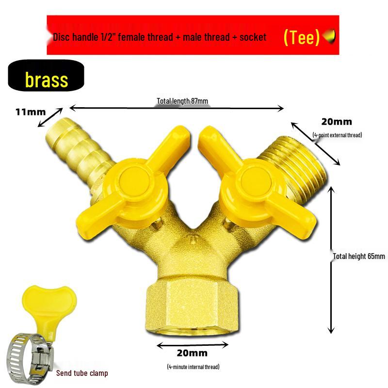 Brass Y-Type Gas Hose Three-Way Valve Connector with 4-Point Ventilation Ball Valve Switch.