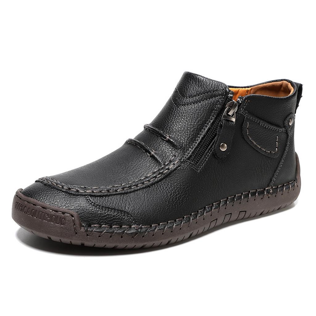 Men's Plus Size Zipper Martin Ankle Boots - Outdoor Casual Flat Sole Hand-Stitched Short Boots