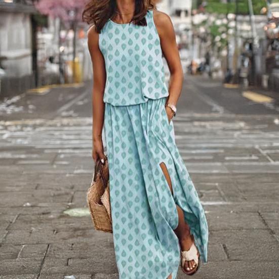 

Women s Sleeveless Maxi Dress Casual Crew Neck Elastic Waist Split Long Dress with Pocket Summer L синій