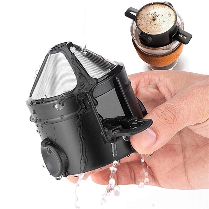 1pc Coffee Filter Cup Double Layer Stainless Steel Screen Foldable Hanging Ear Hand Brewed Coffee Artifact Tool