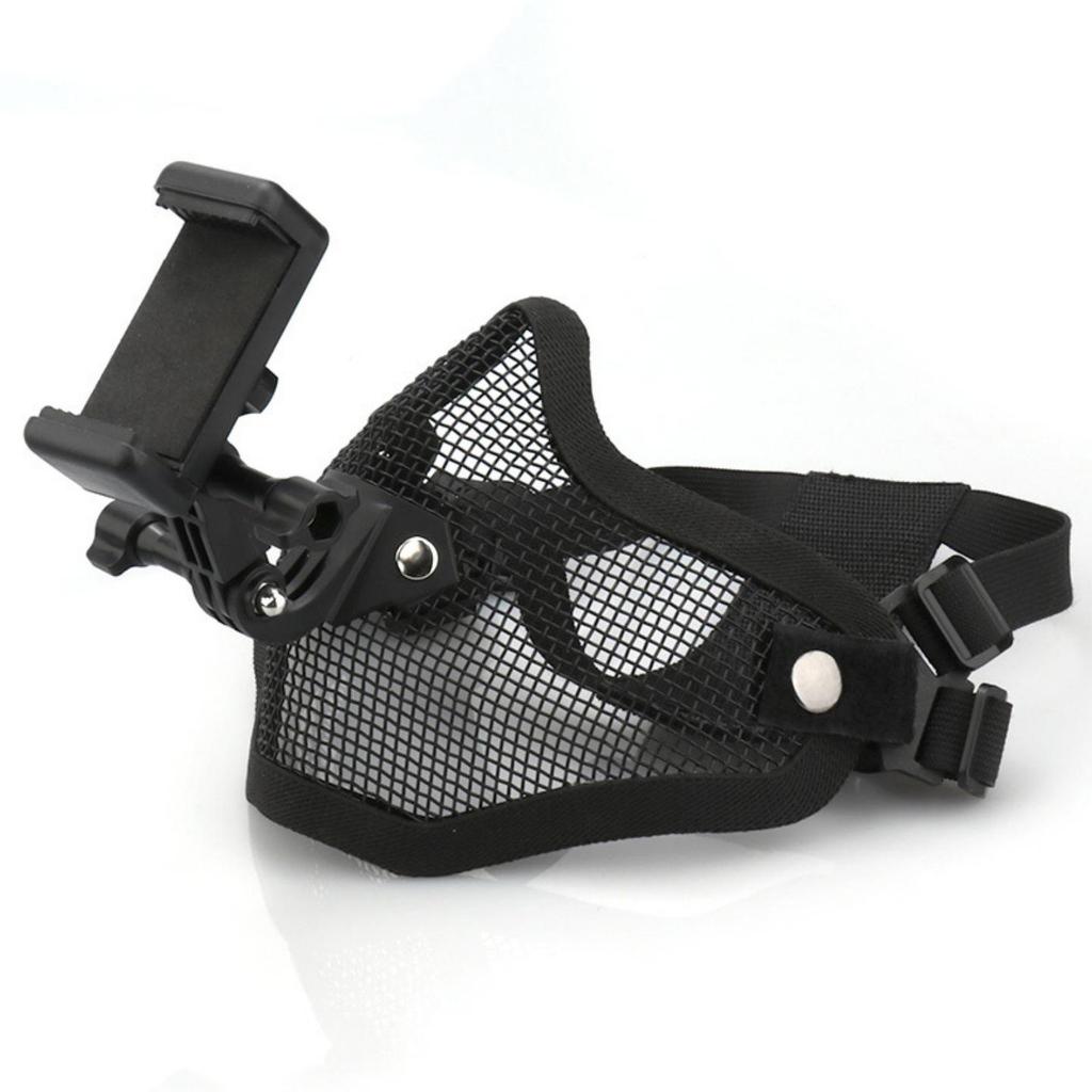 GoPro DJI Action Sports Camera Mount & Tactical Mask with Phone Holder - Half-Face Steel Wire Protective Gear
