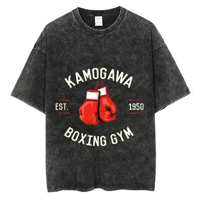 Japan Anime Übergröße Hemden Gewaschene Baumwolle Herren Boxen Vintage Streetwear Harajuku Kurzarm T-Shirt Locker Baumwoll-Tops