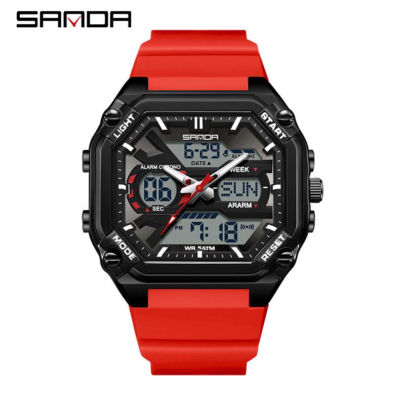 Sanda Men's Multifunctional Waterproof Electronic Watch - Trendy Timer with Dual Display & Three-Time Zone Outdoor Alarm.