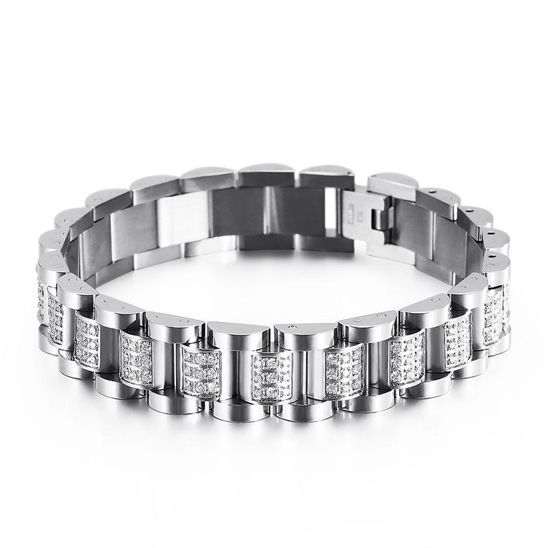 Hip Hop High Quality Zircon Men Biker Bracelet Titanium Steel Shiny Chunky Chain Bracelets Class Party Jewelry Male Gift